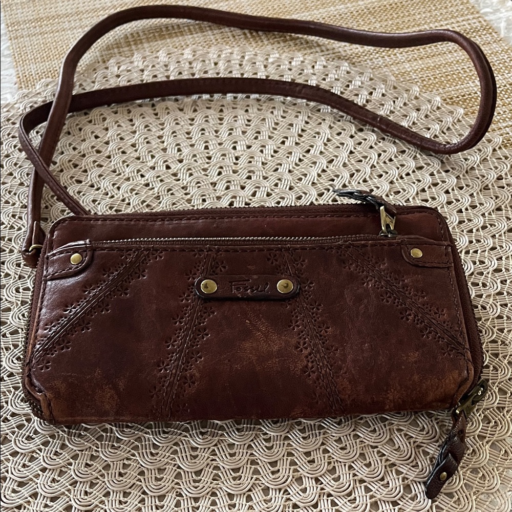 Fossil Dark Brown Leather Crossbody Bag/wallet in EUC